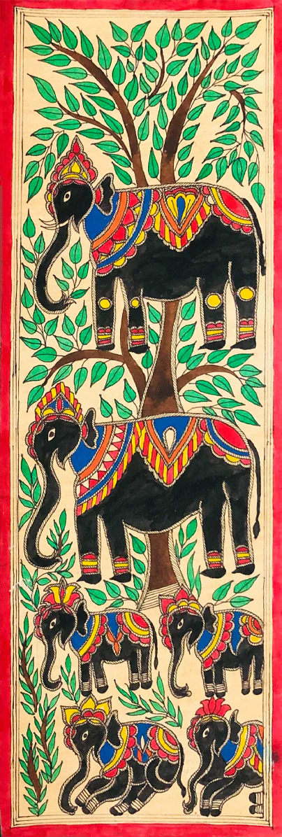 Regal Elephants Embracing the Tree of Life Madhubani Painting by Ambika Devi Thumbnail
