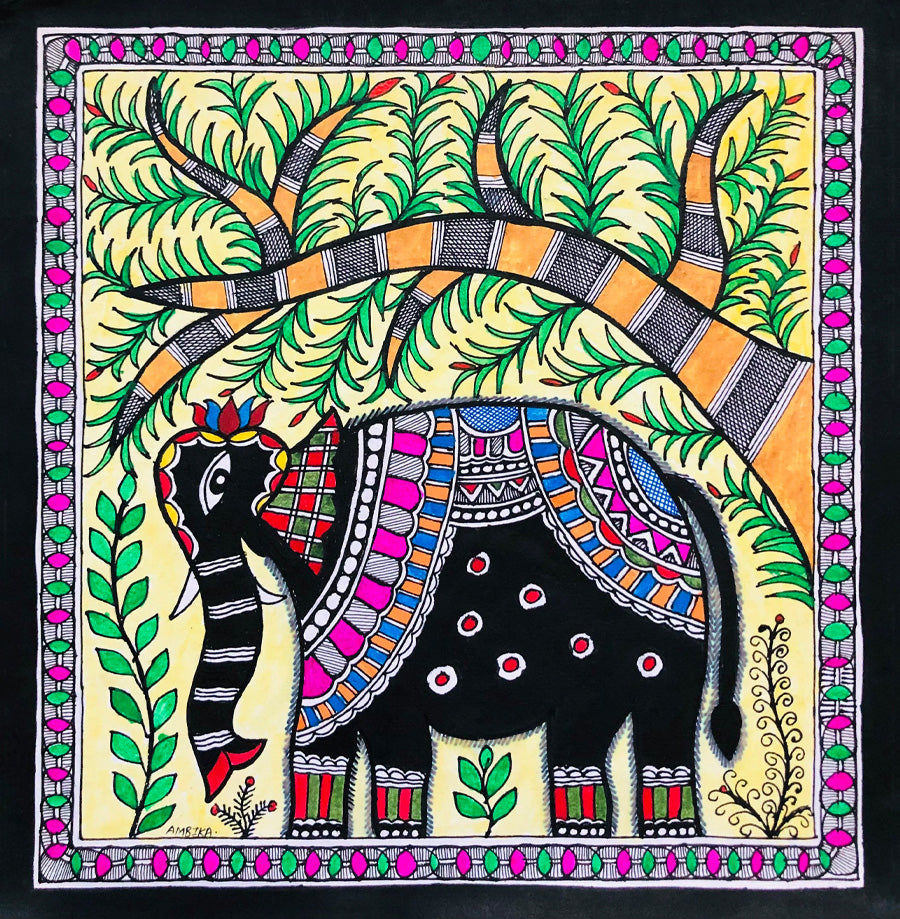 Regal Splendor: The Magnificent Elephant under theTree in Madhubani Painting by Ambika Devi Thumbnail