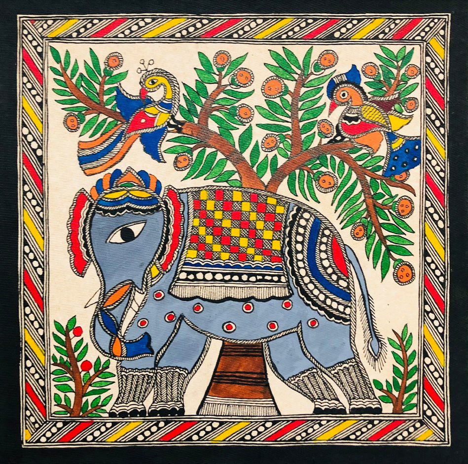 Royal Encounter: Majestic Elephant and Enchanting Tree in Madhubani Painting by Ambika Devi Thumbnail