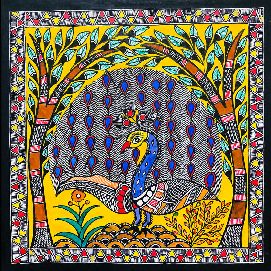 Splendor plumage: Majesty in Madhubani, Madhubani Painting by Ambika Devi Thumbnail