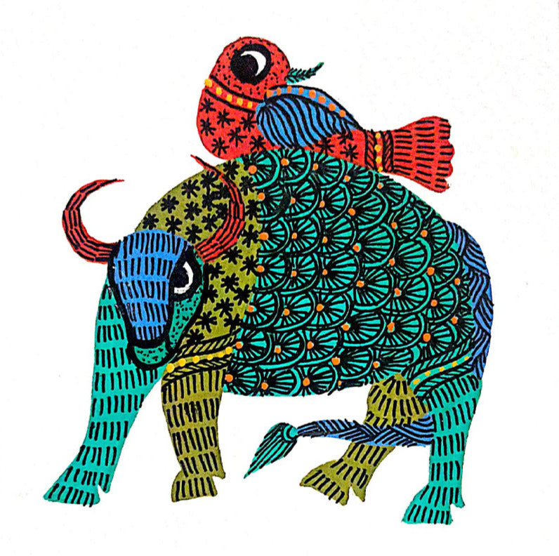 Strength and Freedom: The Bull and Bird's Alliance Gond Painting by Kailash Pradhan Thumbnail
