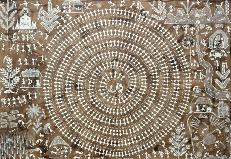 Tarpa Dance and village: Warli Painting by Anil Wangad Thumbnail