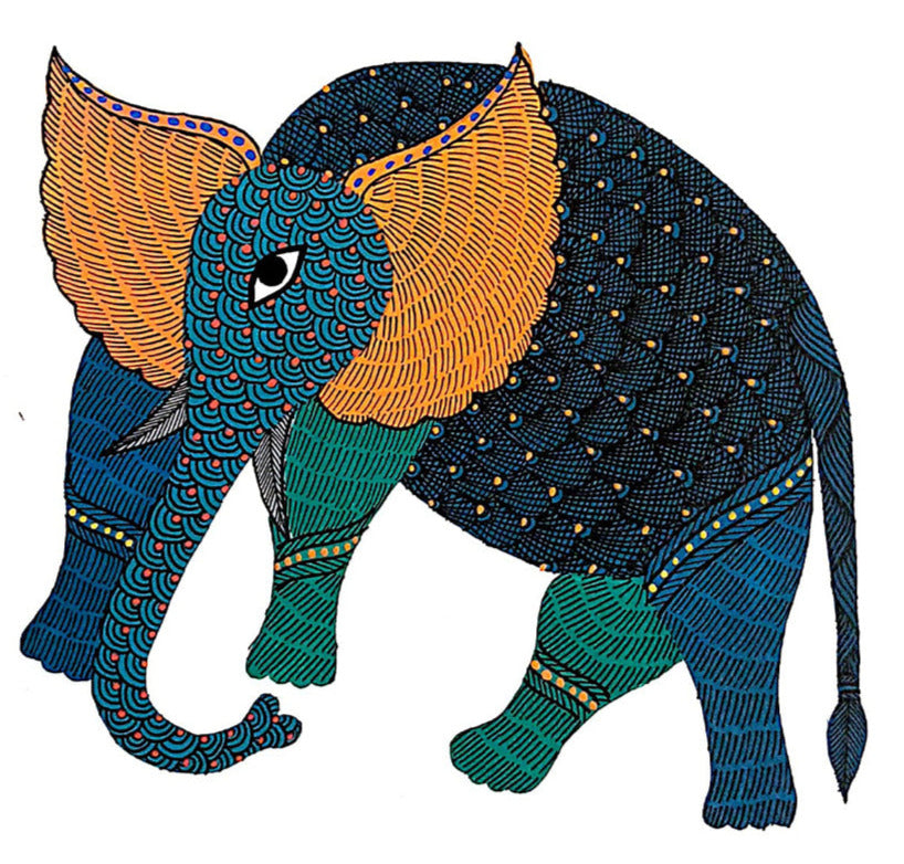 The Divine Soar: An Enchanting Gond Painting of Elephant Gond Painting by Kailash Pradhan Thumbnail
