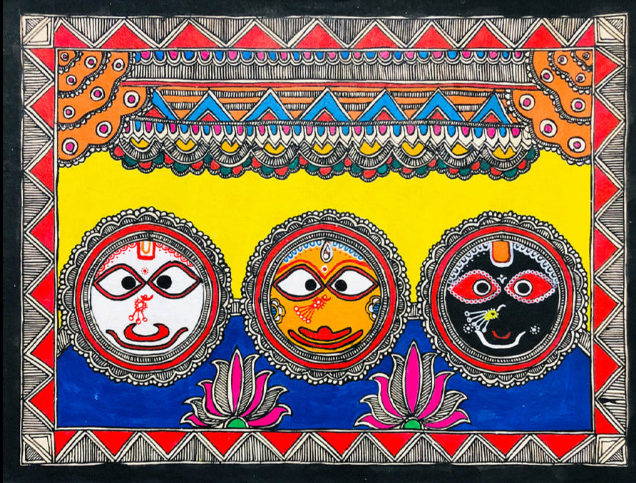 The Triad of Jagannath Puri, Madhubani Painting by Ambika Devi Thumbnail