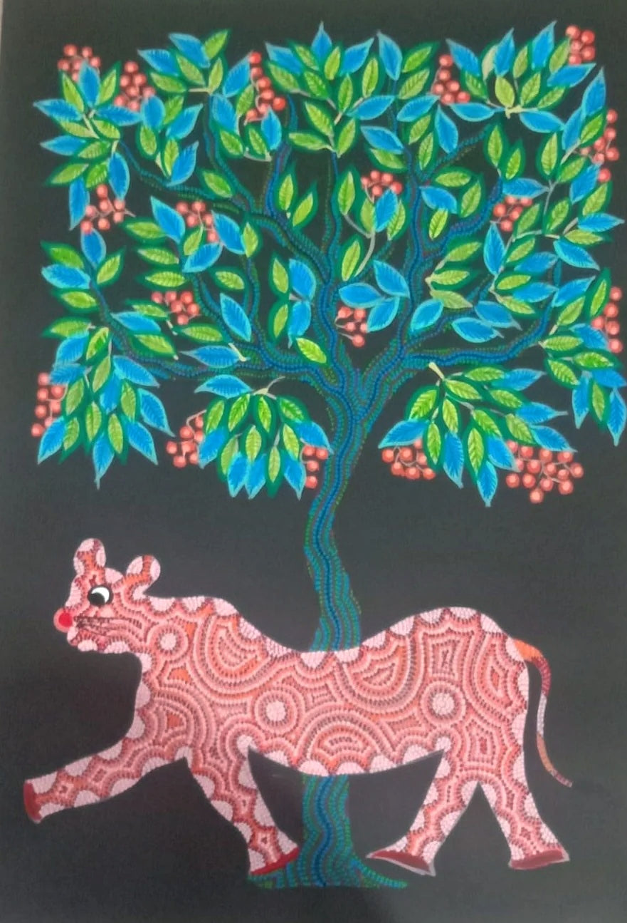 Tiger's Primordial Realm Bhil Painting by Geeta Bariya Thumbnail