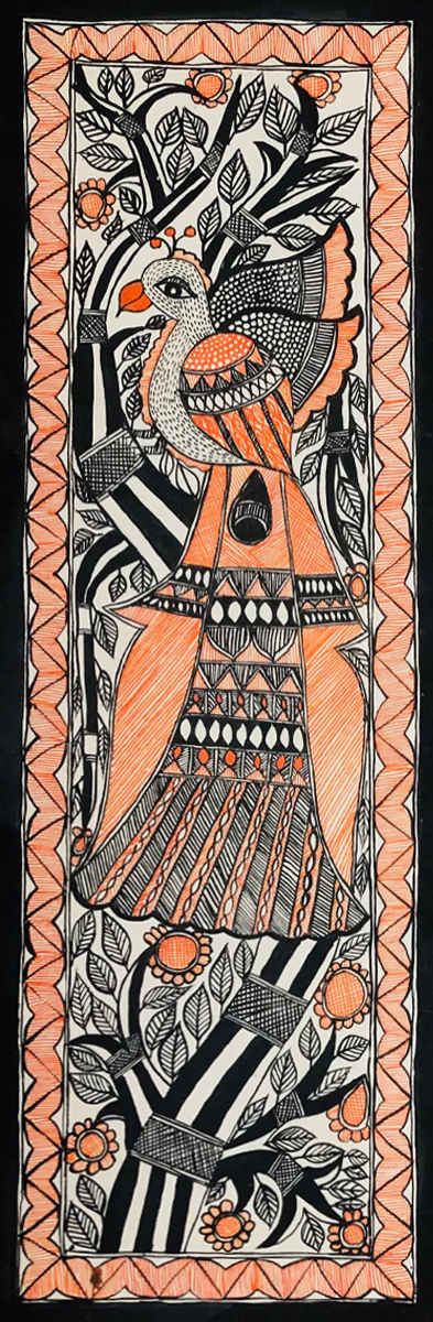 Triumphant Plumes: A Majestic Peacock of the Wild Madhubani Painting by Ambika Devi Thumbnail