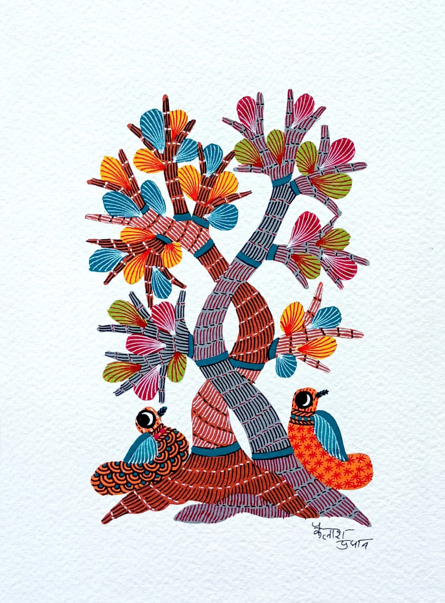 Two Birds and the Tree: Gond art by Kailash Pradhan Thumbnail