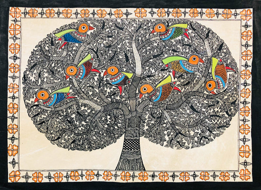 Vibrant whispers of timber - A tapestry of Madhubani tree, Madhubani Painting by Ambika Devi Thumbnail