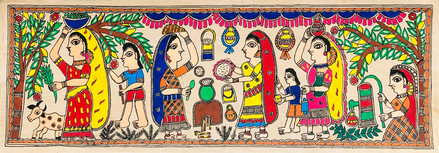Village Rhythms: Women's Chores and Children's Laughter Madhubani Painting by Ambika Devi Thumbnail