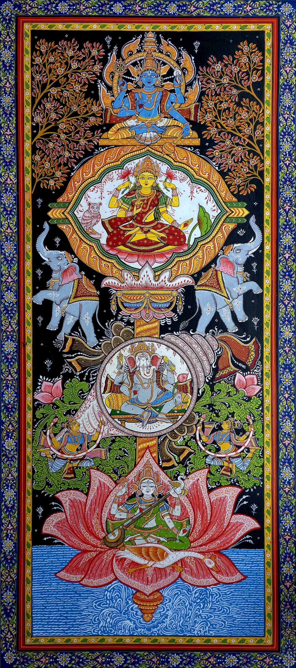 Vishnu Lakshmi Ganesha and Saraswati - Pattachitra Painting by Purusottam Swain for Home Decor Thumbnail