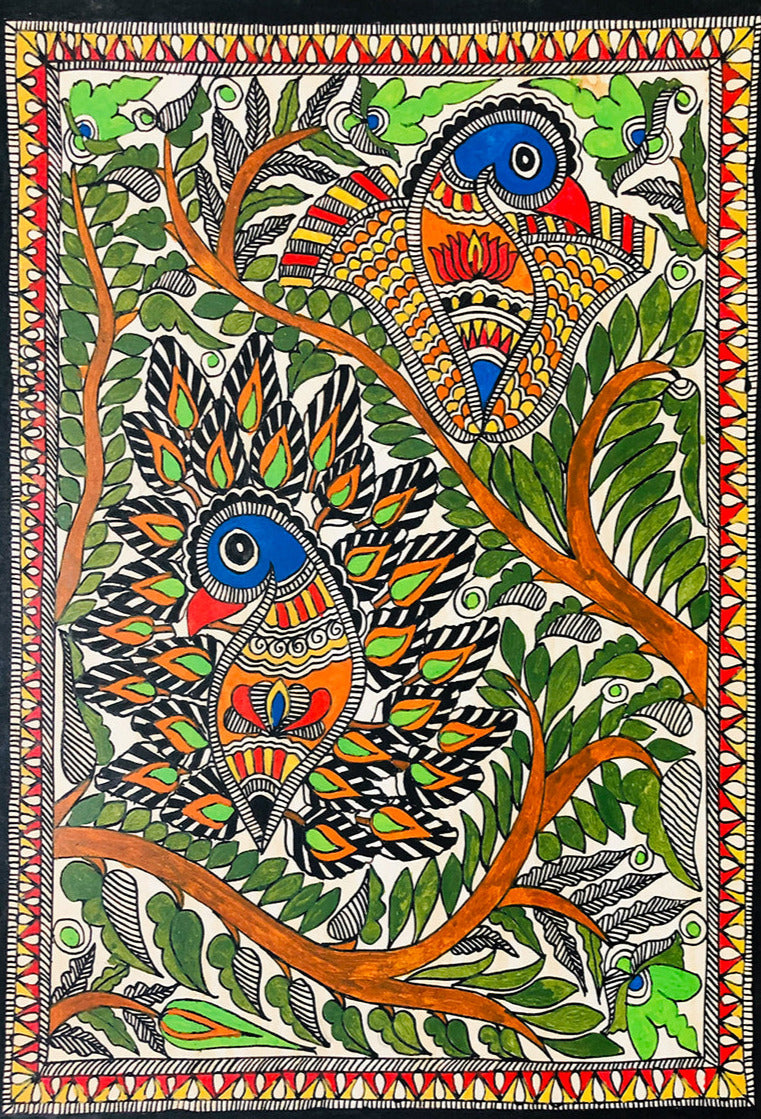 Whispering Feathers, Madhubani Painting by Ambika Devi Thumbnail