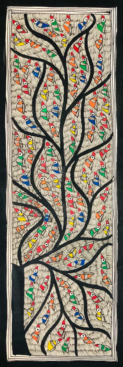 Whispering Foliage: A Parrot Symphony in Madhubani by Ambika Devi Thumbnail