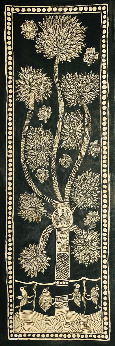 Whispers of Harmony: A Monochromatic Madhubani Tale, Madhubani Painting by Ambika Devi Thumbnail