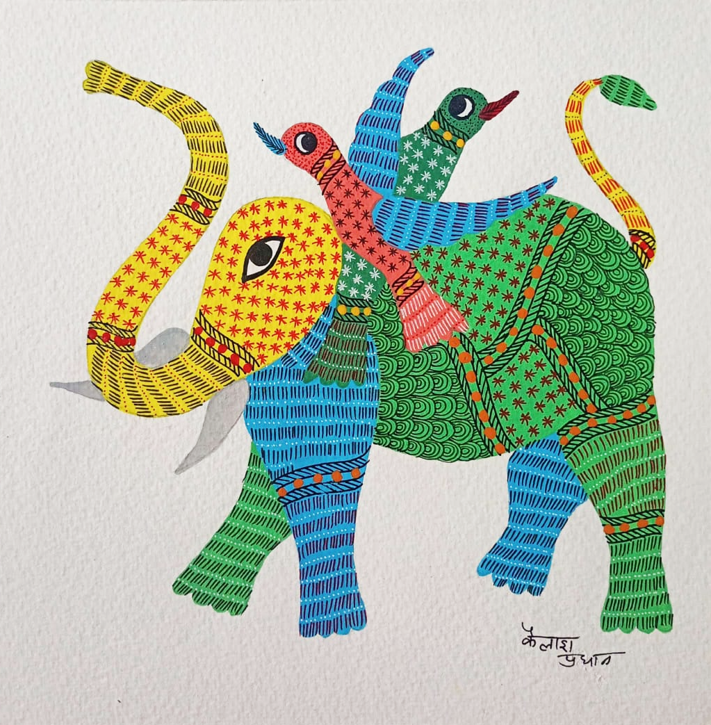 Elephant and Bird: Friends of Nature in Gond by Kailash Pradhan Thumbnail