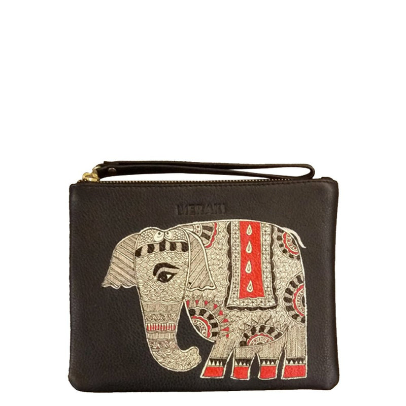 ELEPHANT ,BLACK POUCH Handpainted pouch Indian craft art