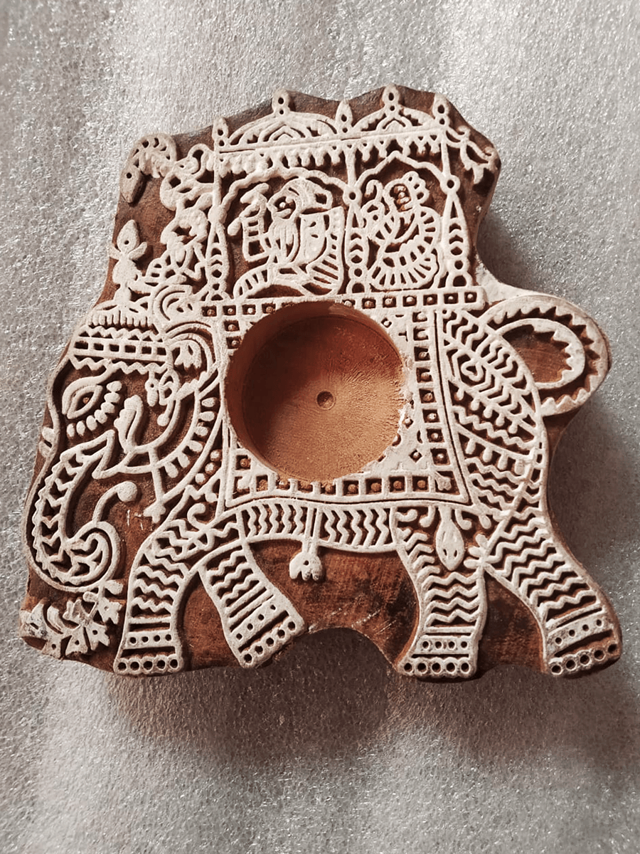 Elephant Shaped China berry Wooden Block Diya Set by Vikas Singh Thumbnail