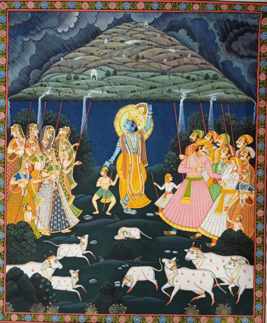 Might of Lord Krishna: Lifting of Mount Govardhan in Pichwai by Sushil Soni Thumbnail