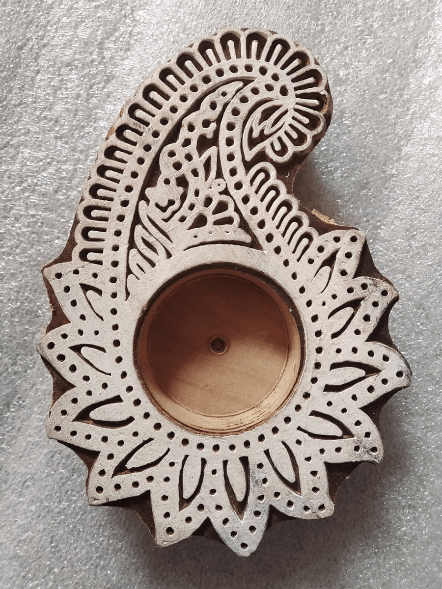 Paisley China Berry Wooden Block Diya Set by Vikas Singh Thumbnail
