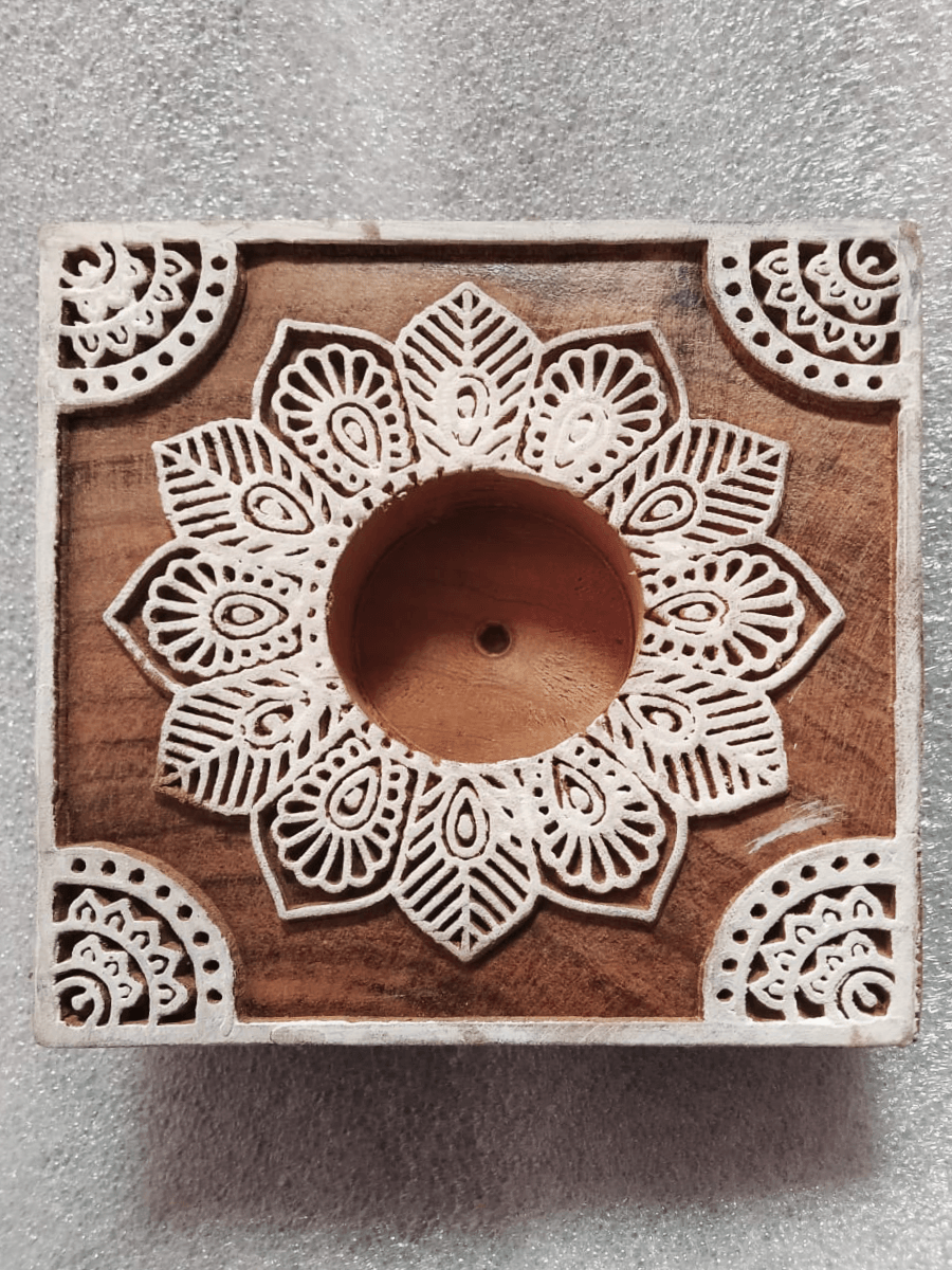 Square China Berry Wooden Block Diya Set by Vikas Singh Thumbnail