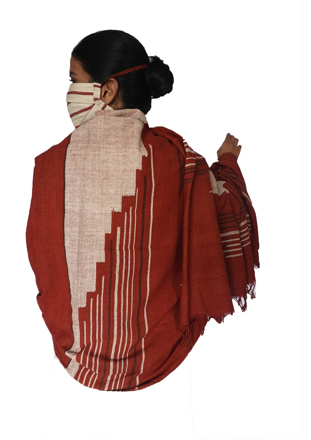 Stories in lines , Kotpad woven stole and mask combo (cream and rust)-