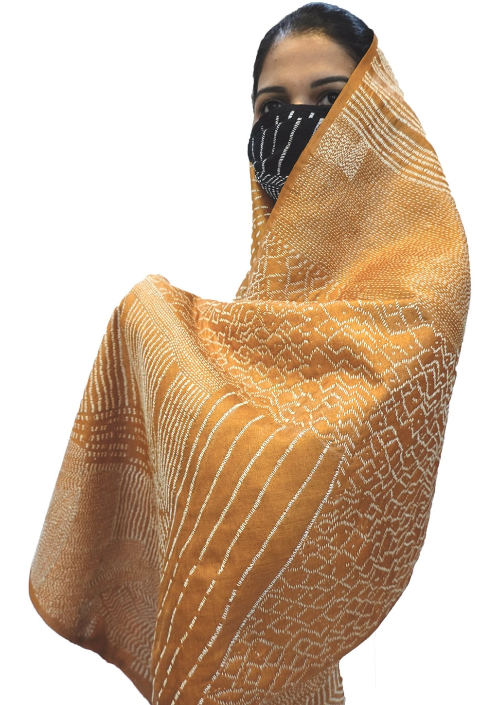 Stories in Lines , Sujani hand embroidered shawl and mask combo (ochre)-