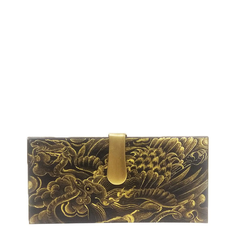 Where be Dragons, Rectangle Clutch Black and Gold-Women's Wood Clutch