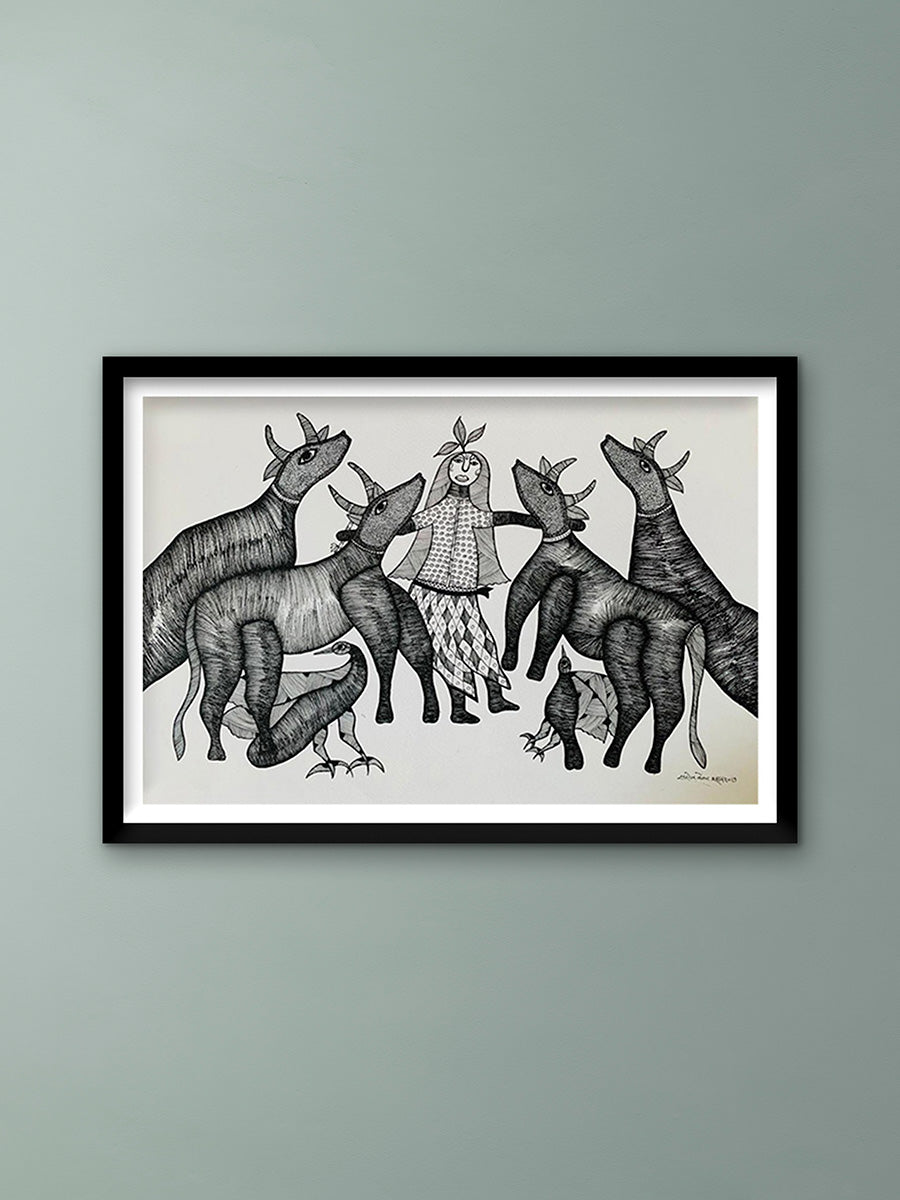 Buy Krishna with Cows: GOND ART BY SAROJ VENKAT SHYAM