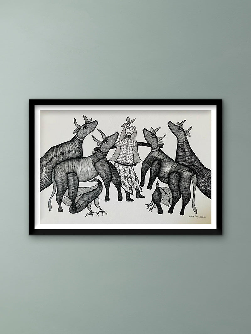 Buy Krishna with Cows: GOND ART BY SAROJ VENKAT SHYAM