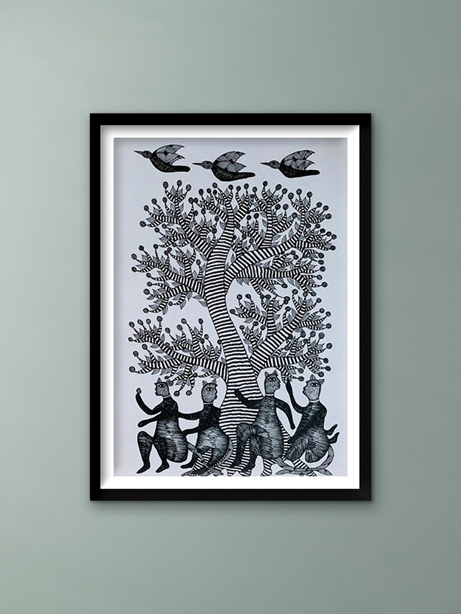 Monkey, Tree, and Bird – Gond Art by Saroj Venkat Shyam for Sale