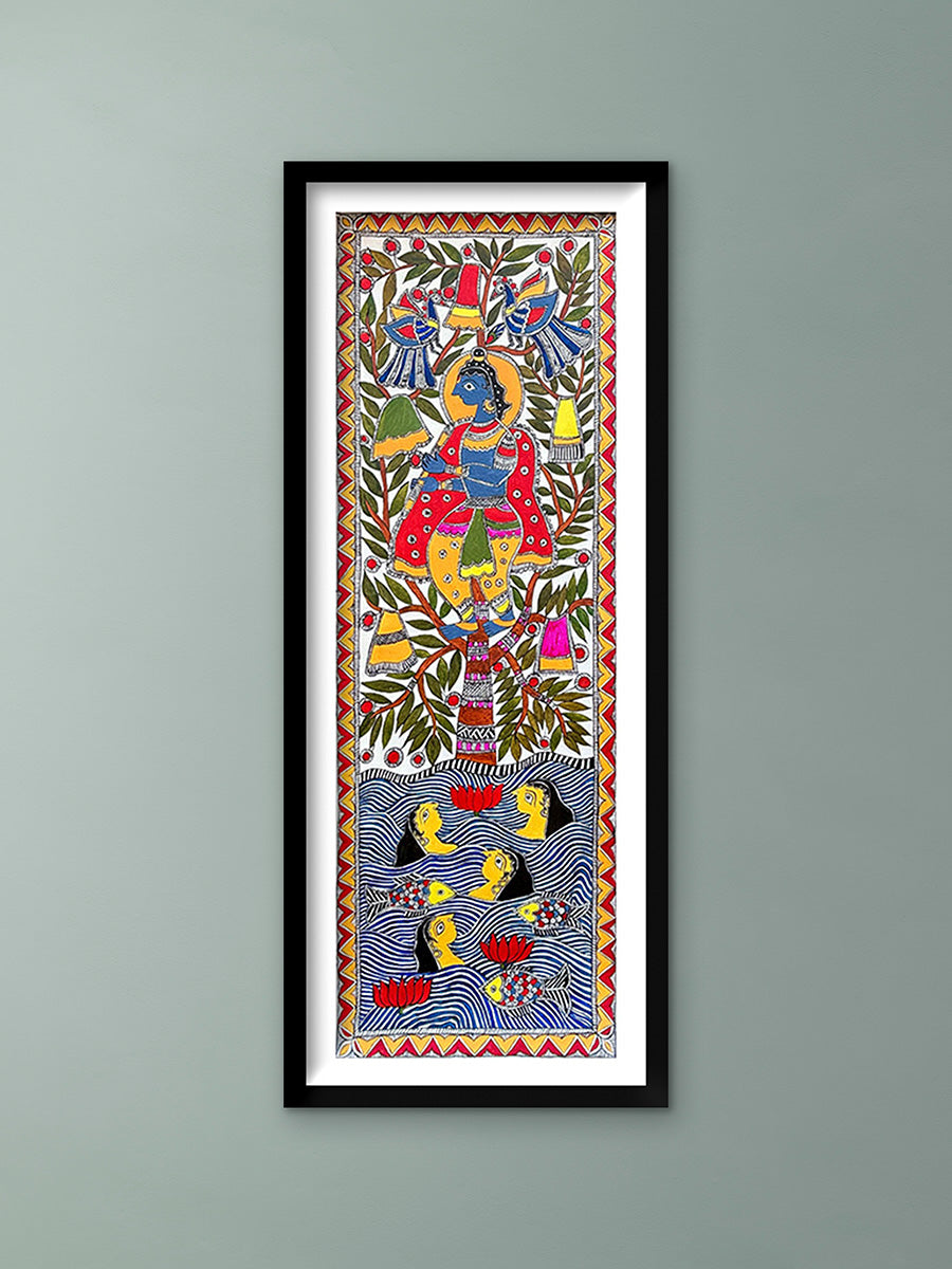 Buy Theft of the gopi’s clothes by Lord Krishna (Gopi Vastraharana) In Madhubani by Izhar Ansari