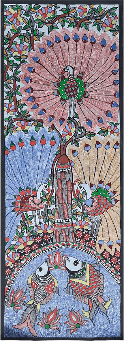 Madhubani showcasing peacock and a pond by Vibhuti Nath for Sale