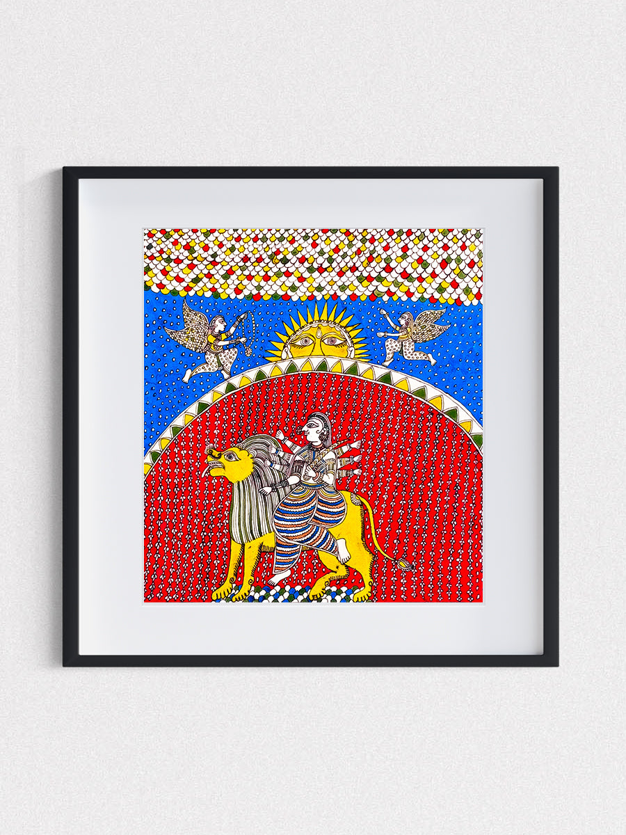 Chromatic sacredness: Ethereal interpretation of Mataji Expedition with her tiger symbolising viciousness Mata ni Pachedi painting by Dilip Chittara for sale 