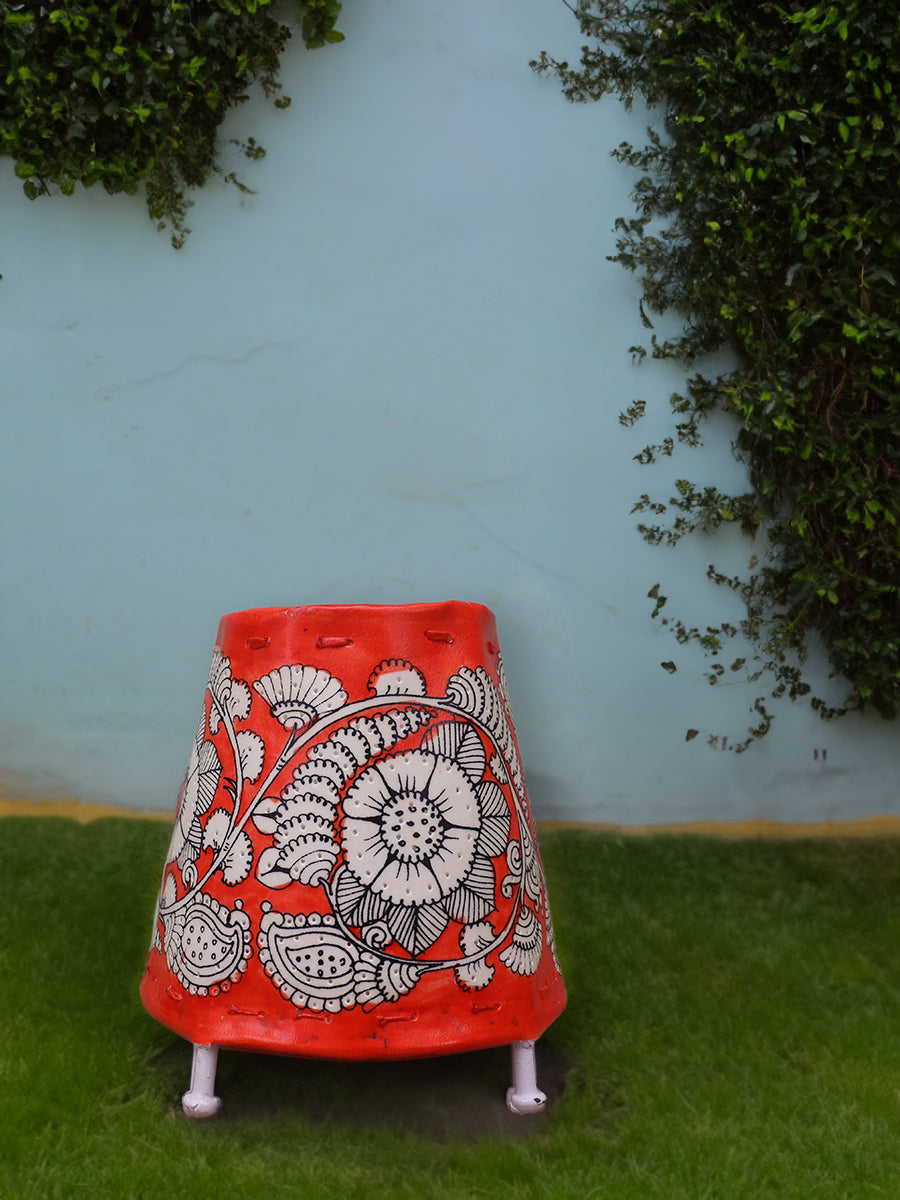 Crimson Blossoms: Intricacy on vibrant background Tholu lamps by Kanday Anjanapp - for sell