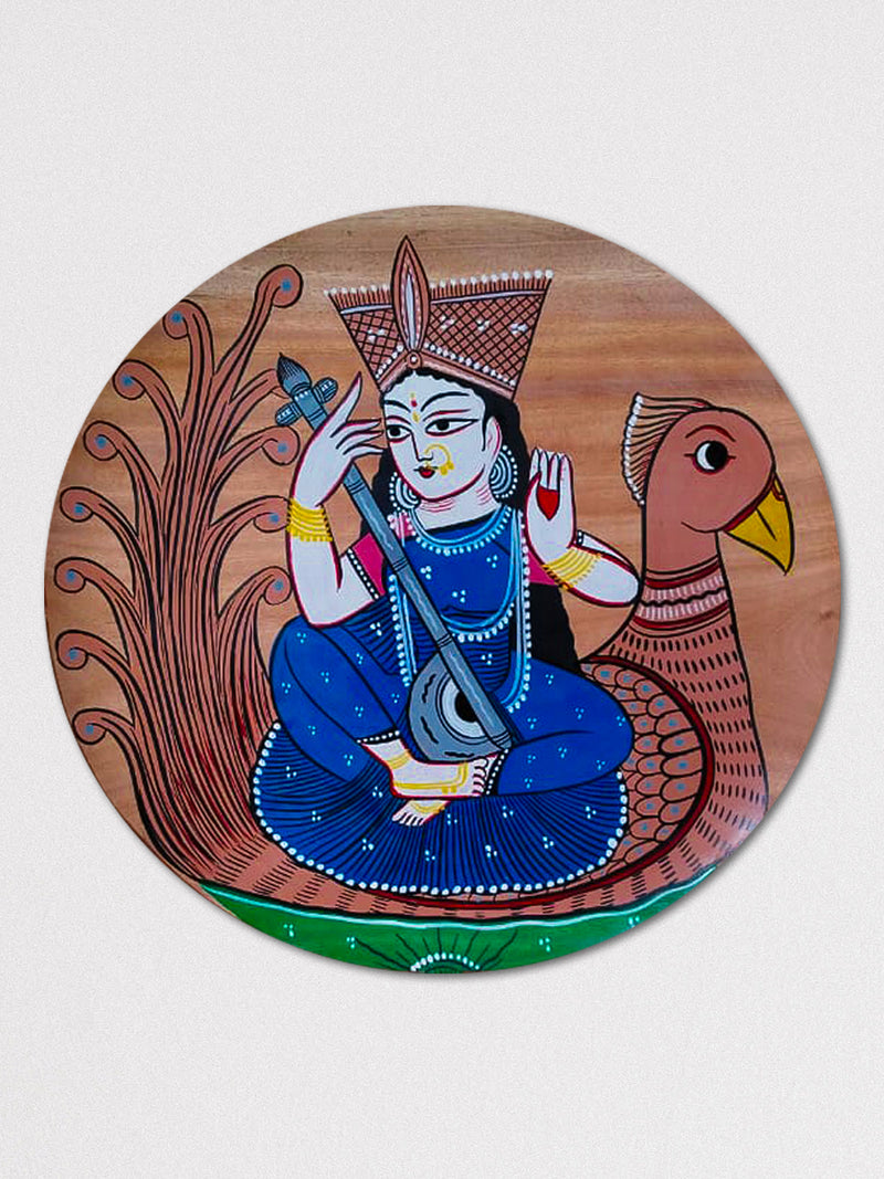 Goddess Saraswati's Elegance in Sudheer's Kalamkari Plates for sale