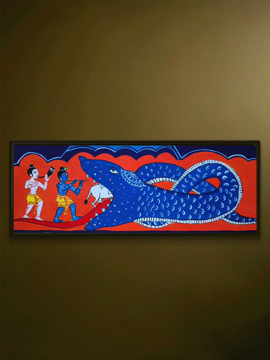 Shop Aghasura Vadha Lila: Lord Krishna and Balarama in Manuscript Painting by Sujit Das