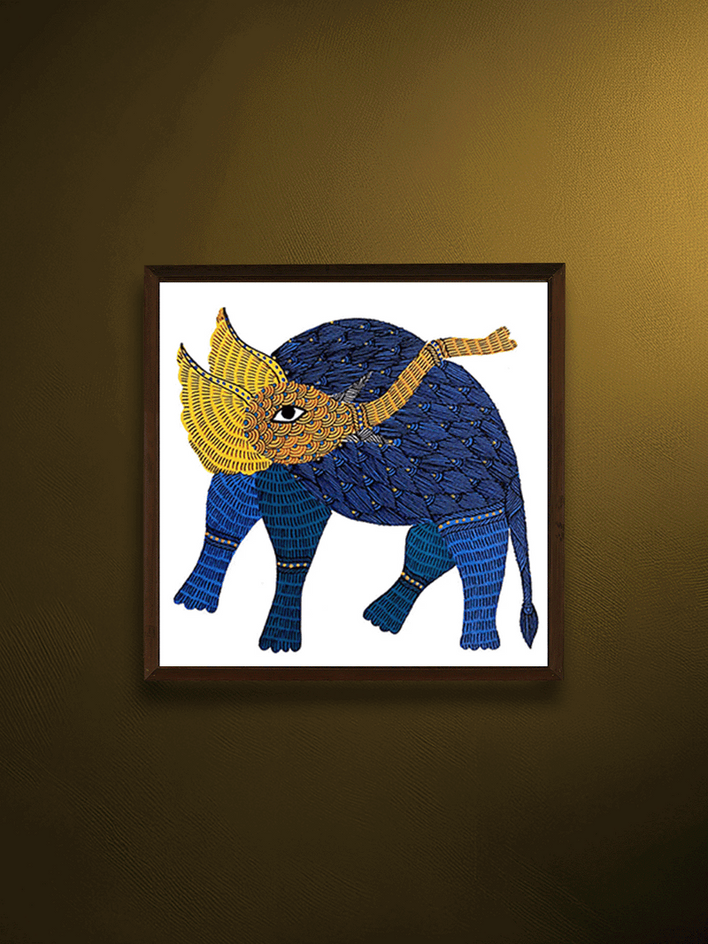 Shop Azure Majesty: The Serene Blue Elephant of Gond Art Gond Painting by Kailash Pradhan