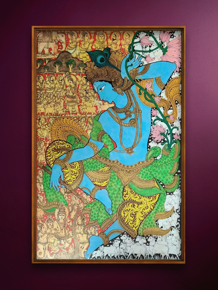Shop Dancing Krishna With Cows : Kalamkari painting by Harinath.N