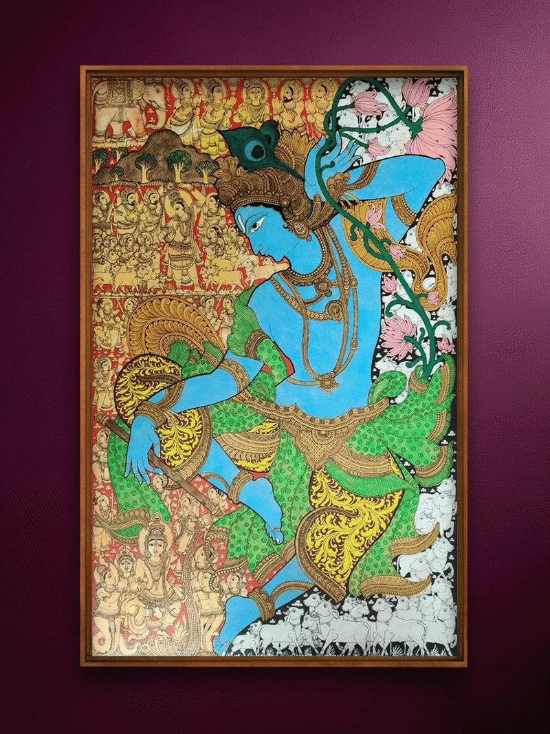 Shop Dancing Krishna With Cows : Kalamkari painting by Harinath.N