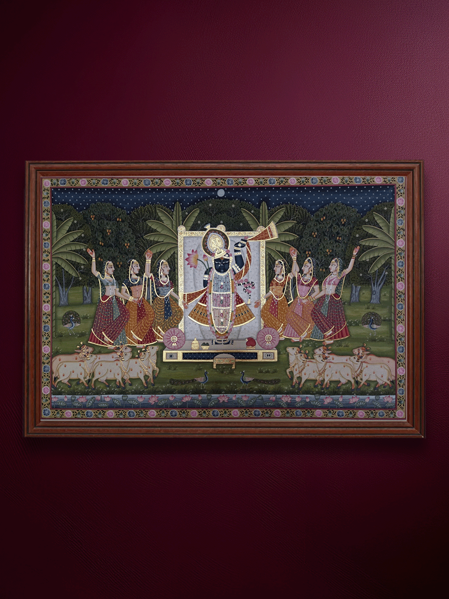 Shop Devotional Night of Sharad Purnima: Shrinathji with Gopis in Pichwai by Shehzaad Ali Sherani