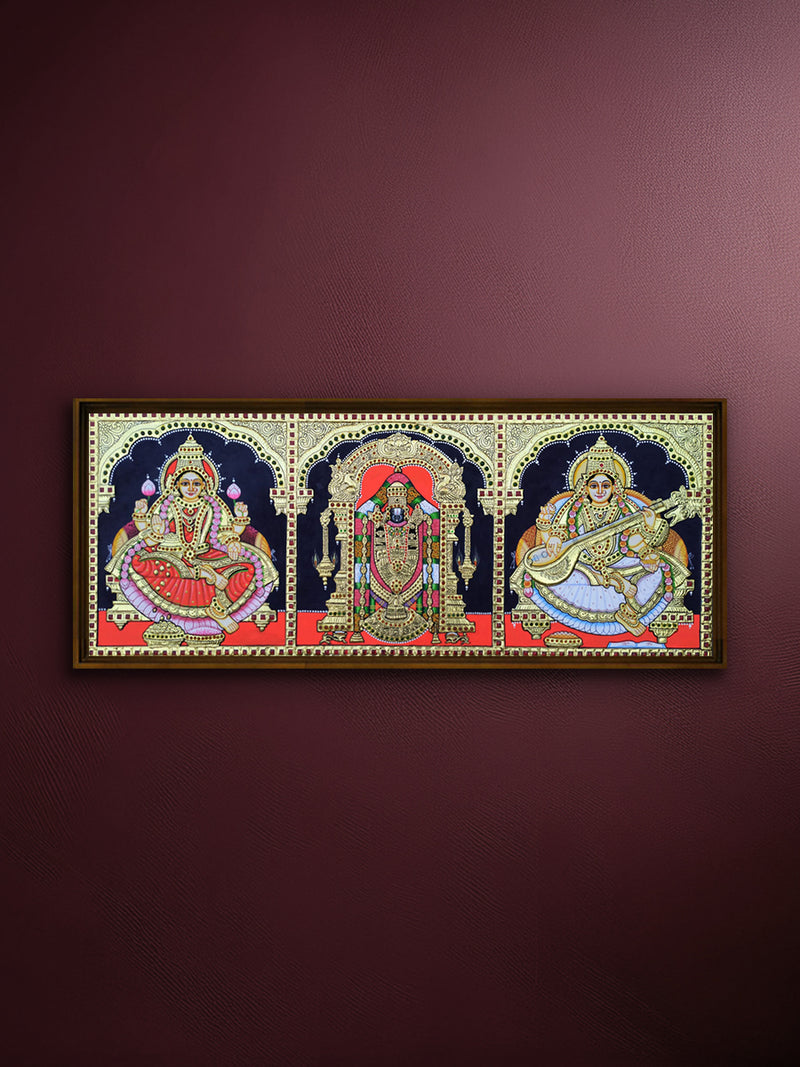 Shop Divine Beauty: Lord Balaji, Goddess Lakshmi, and Goddess Saraswati in Tanjore Art by Sanjay Tandekar