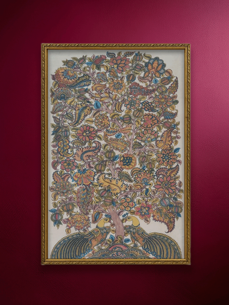 Shop Floral Delight: Tree of life with Peacocks in Kalamkari by Harinath N