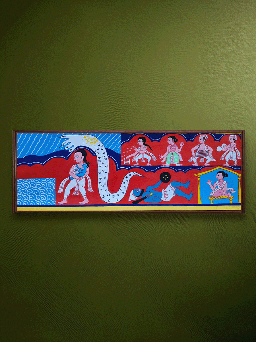 Shop From Mathura to Gokul: Baby Krishna's journey with Vasudeva in Manuscript Painting by Sujit Das