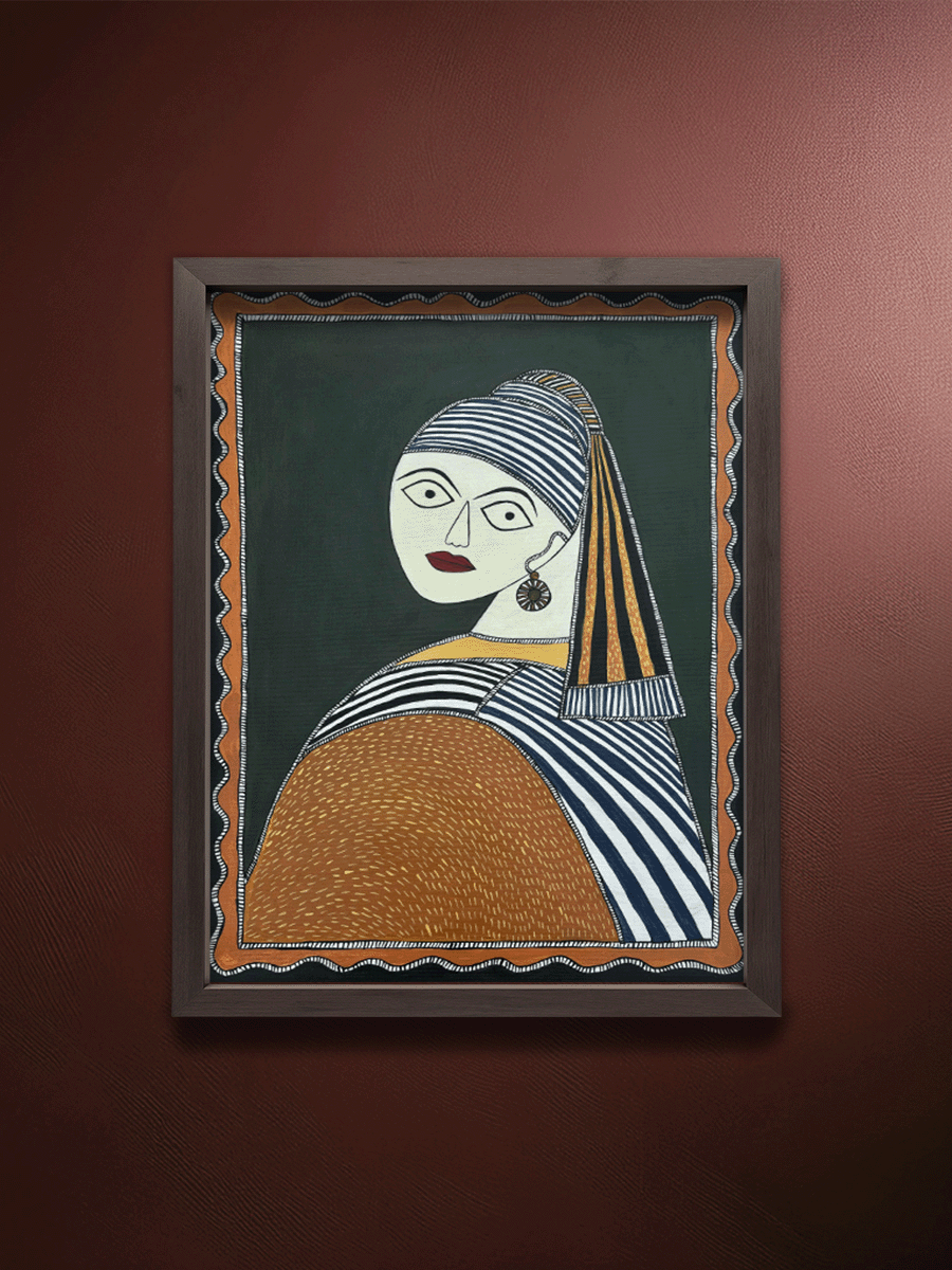 Shop Girl with a Pearl Earring (Johannes Vermeer) in Madhubani by Izhar Ansari