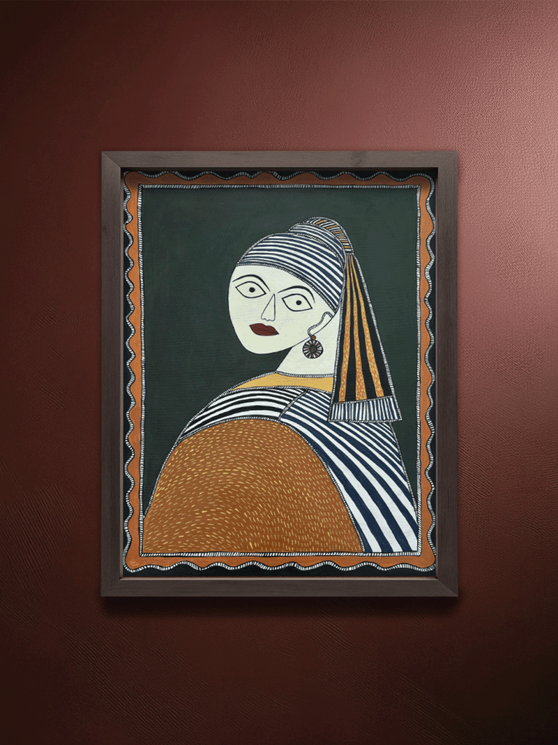 Shop Girl with a Pearl Earring (Johannes Vermeer) in Madhubani by Izhar Ansari