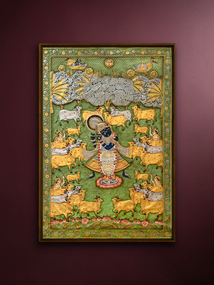 Shop Gopala Leela: Shrinathji with Sacred Cows in Pichwai by Naveen Soni
