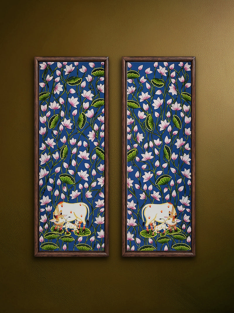 Shop Krishna's Companions: Kamdhenu Cows with their Calves Amidst Lotuses in Pichwai by Dinesh Soni