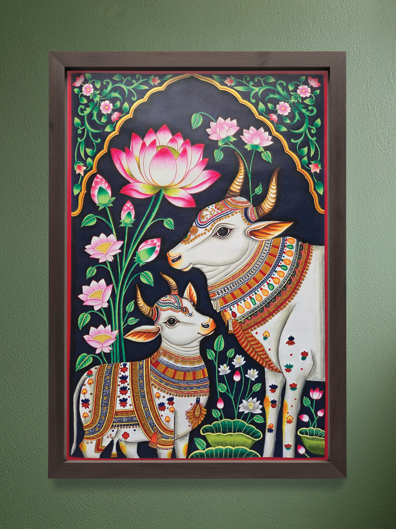 Shop Krishna's companions: Cow and Calf in Pichwai painting by Shehzaad Ali Sherani
