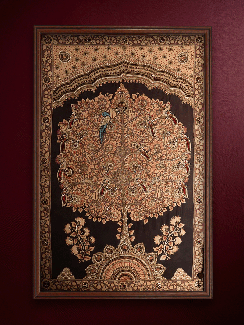 Shop LIVING ROOTS, SHARED HARVESTS KALAMKARI ZARDOZI ARTWORK BY SUDHEER AND MD. BILAL