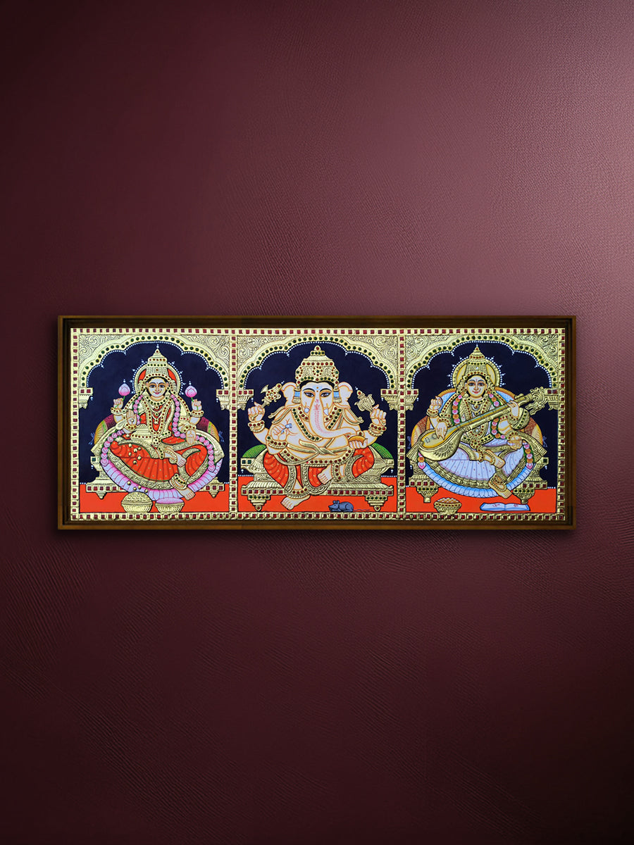 Shop Lord Ganesha, Goddess Lakshmi and Goddess Saraswati: The Auspicious Trinity in Tanjore Art by Sanjay Tandekar