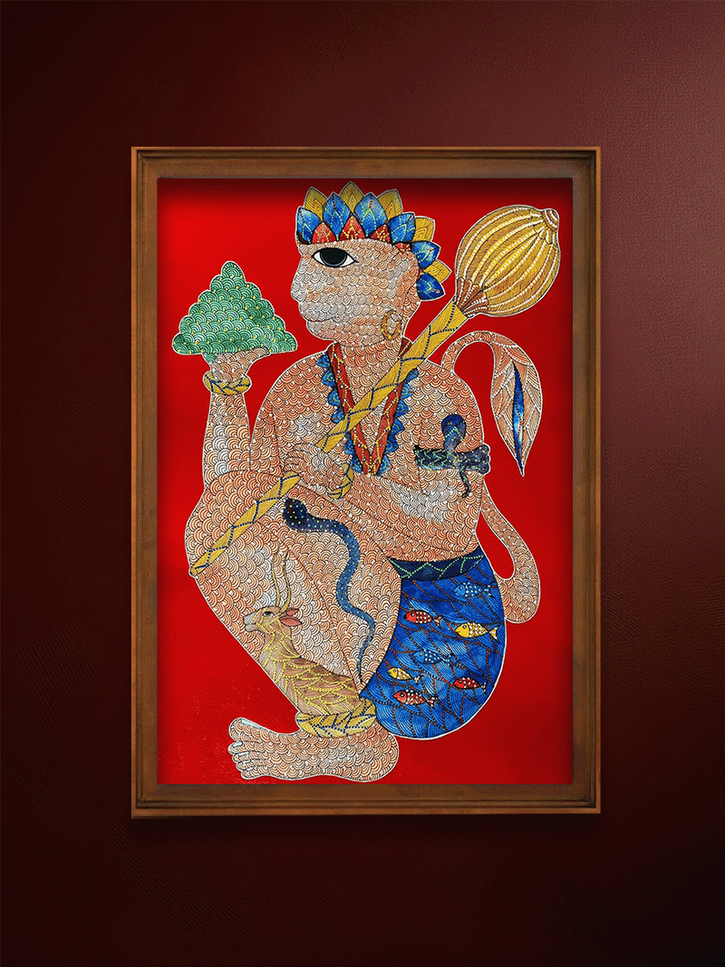 Shop Lord Hanuman's Valour in Gond Painting by Venkat Shyam